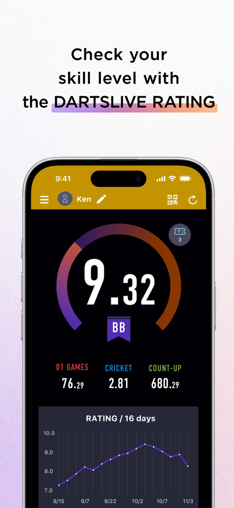 DARTSLIVE app interface displaying a player rating of 9.32, game statistics for Cricket and Count-up, and a performance progress graph.
