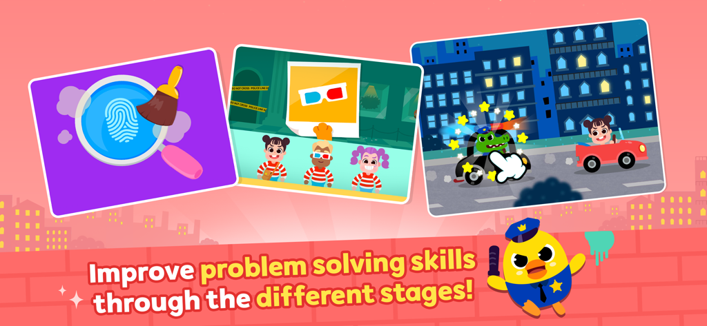 Pinkfong Police Heroes Game - Pantallas de juego de Héroes de Policía Pinkfong que muestran etapas de investigación y una persecución de autos para mejorar las habilidades de resolución de problemas