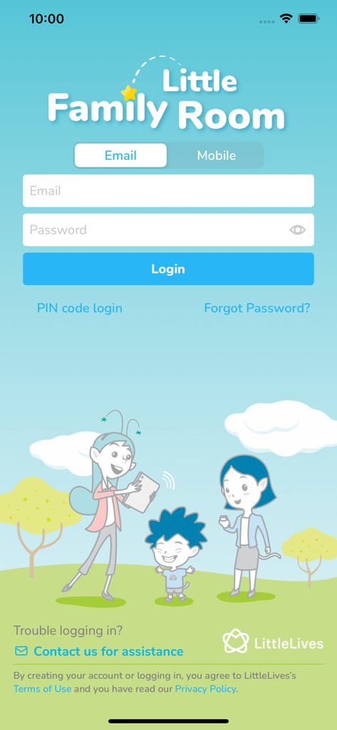 Little Family Room for Parents - Login screen for the Little Family Room for Parents mobile app