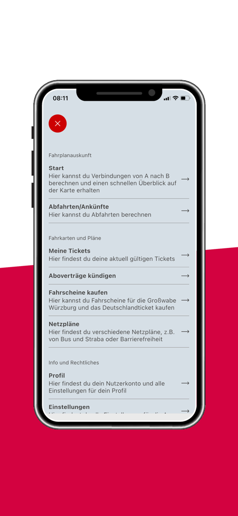 WVVmobil - Hauptmenü der WVVmobil Nahverkehrs-App mit Optionen für Fahrplanauskünfte und Ticketkäufe.