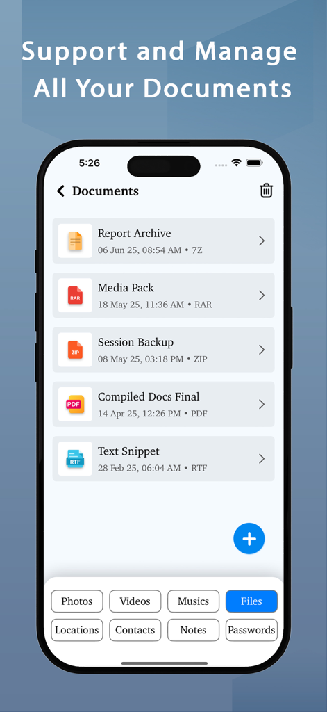 Photo Recovery - Backup & Edit - A mobile interface for managing documents and files within the Photo Recovery app showing archives PDFs and text snippets.