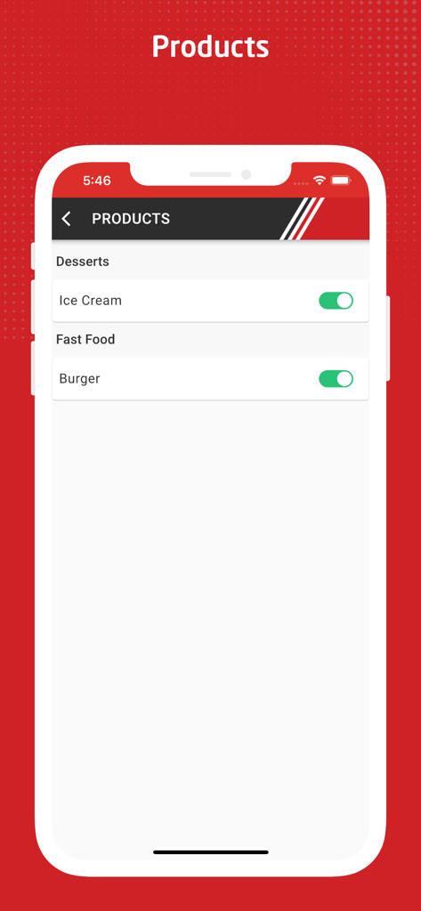 GoFood (PNG) Shop - GoFood PNG Shopアプリの画面。バーガーやアイスクリームなどのストア商品のオンラインステータスを管理するためのトグルスイッチが表示されています。