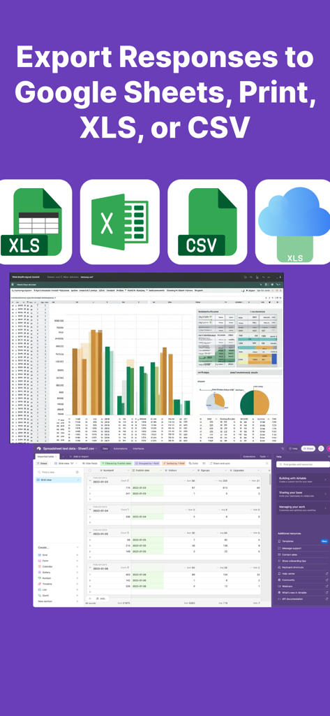 Forms for Google Forms⁺ - A screen showing options to export Google Forms responses into Google Sheets, Excel, or CSV formats for data analysis.