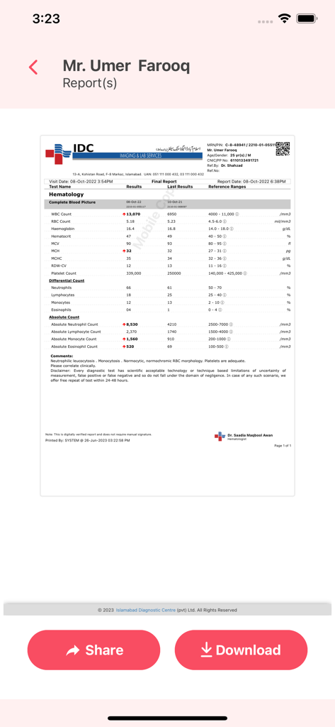 My IDC - A digital view of a detailed hematology laboratory report within the My IDC app featuring test results and options to share or download.