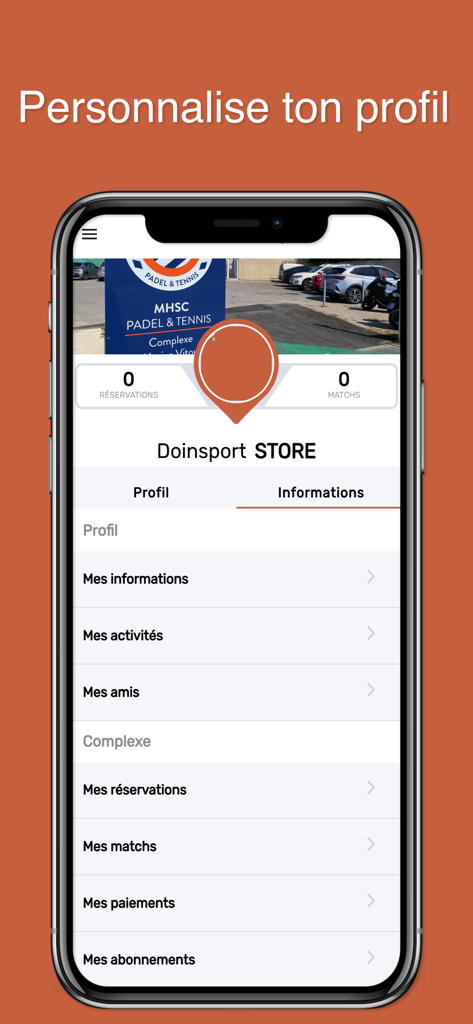 MHSC PADEL & TENNIS - User profile management screen in the MHSC Padel and Tennis mobile app showing account settings