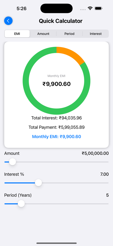 Loan Calc: Easy EMI Calculator - EMI calculation screen with sliders for amount and interest