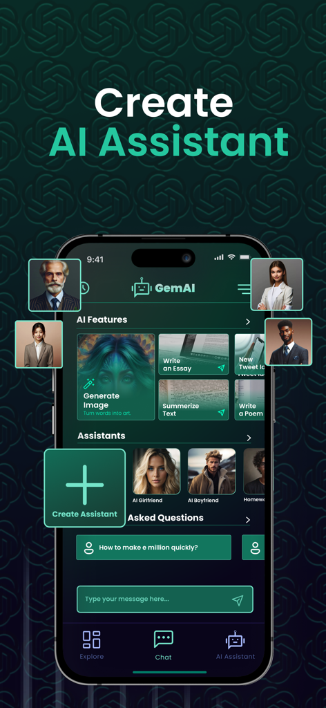 Gem AI App-Oberfläche, die die Funktion „Create AI Assistant“ und verschiedene KI-Schreib- und Bildtools anzeigt