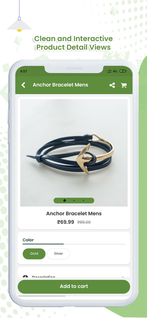 男性用アンカーブレスレットの、クリーンでインタラクティブなモバイルアプリ商品詳細ページ。カートに追加ボタン付き