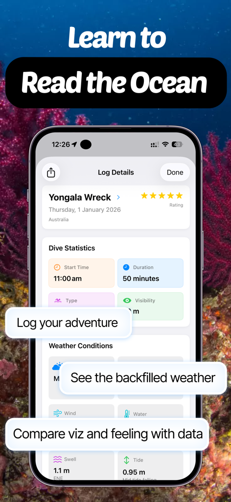 WikiBubbles: Dive & Snorkel - A detailed dive log on the WikiBubbles app showing dive statistics and real-time weather conditions for the Yongala Wreck.