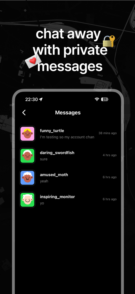 fren fren: people around you - La interfaz de mensajería privada de la aplicación fren fren que muestra una lista de conversaciones de chat con usuarios locales