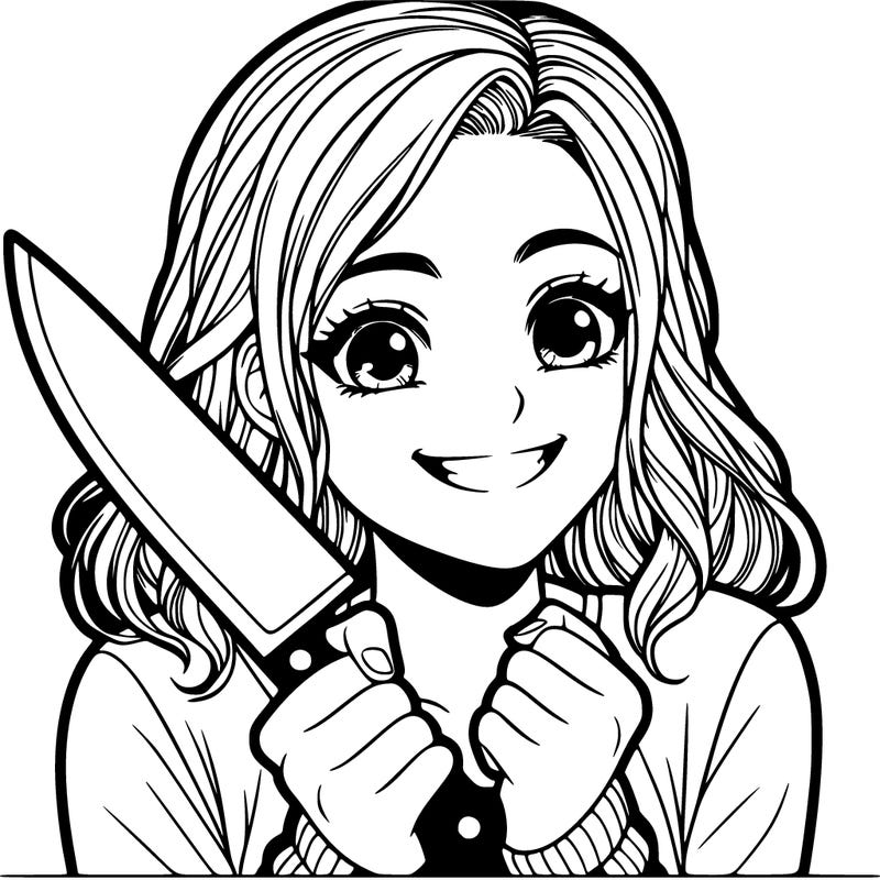 a realistic girl holding a knife and grinning
