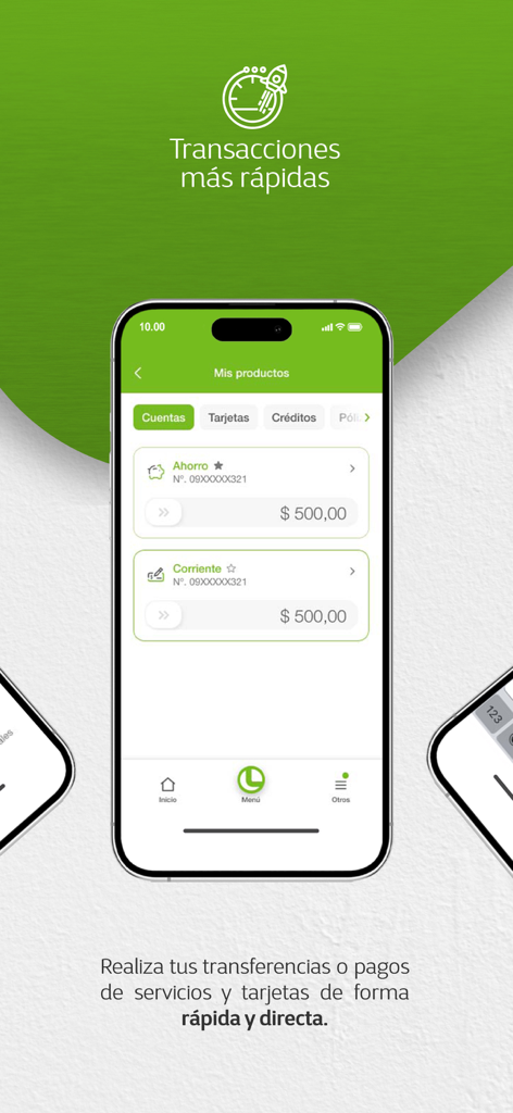Banco de Loja mobile app interface showing savings and checking account balances