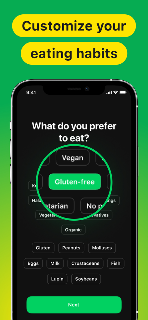 Mobile app screen showing dietary preference selection for gluten-free vegan and other allergens