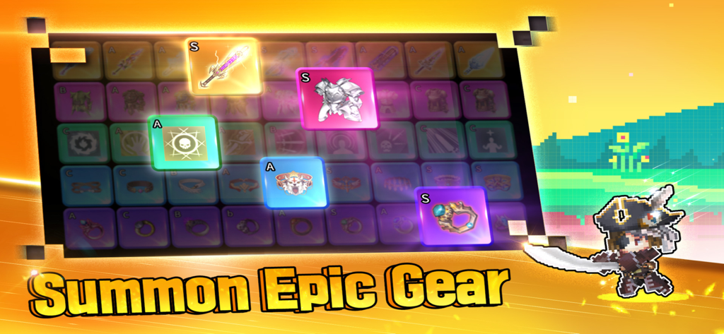 F Class Adventurer: AFK RPG - Fクラス冒険者のゲームインターフェースに、テキスト「伝説級装備召喚」とピクセルアートキャラクターが表示されたSランクとAランクの装備コレクションが表示されている