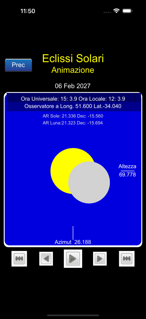 Total Solar Eclipses - Screenshot of the solar eclipse animation feature showing a simulation of the moon crossing the sun with astronomical coordinates and playback controls.