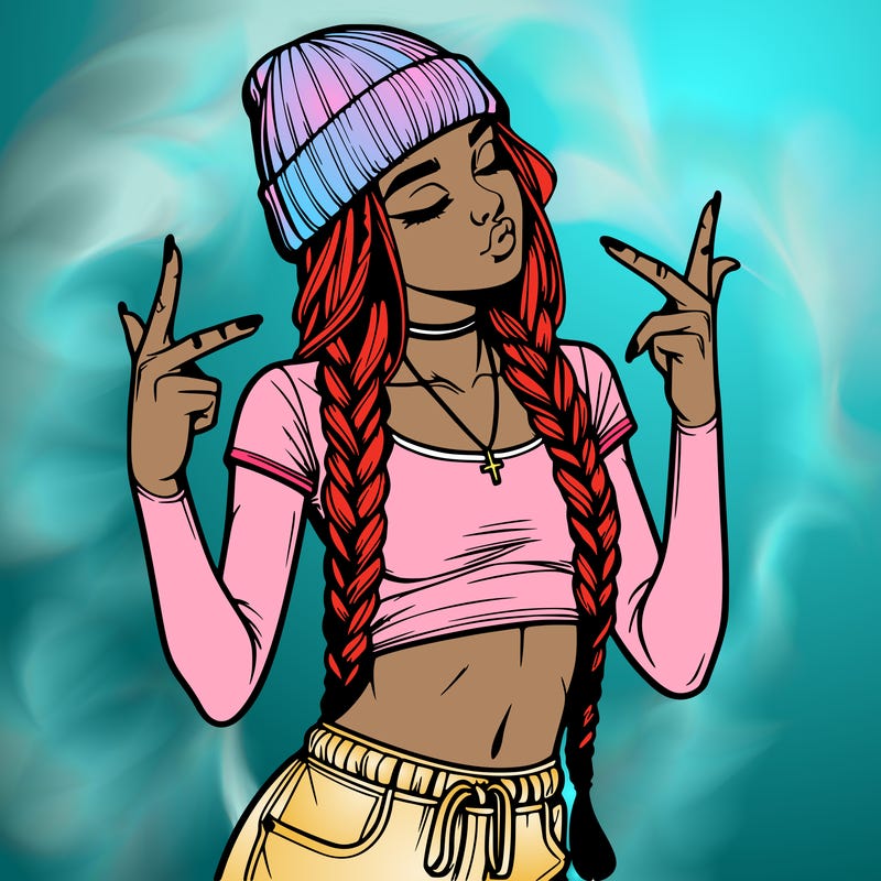 realistic teenage girl with braids and a beanie and crop top doing 🫶🏼