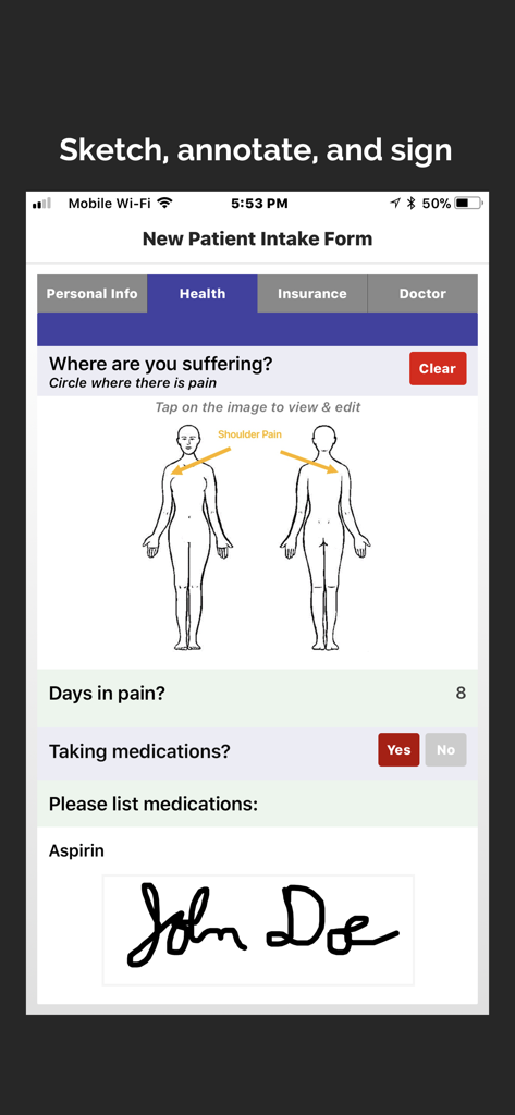Un formulario de admisión de pacientes móvil que incluye anotaciones de boceto corporal para la ubicación del dolor y captura de firma digital