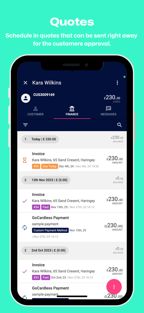 Squeegee app finance screen showing customer invoices and payment history