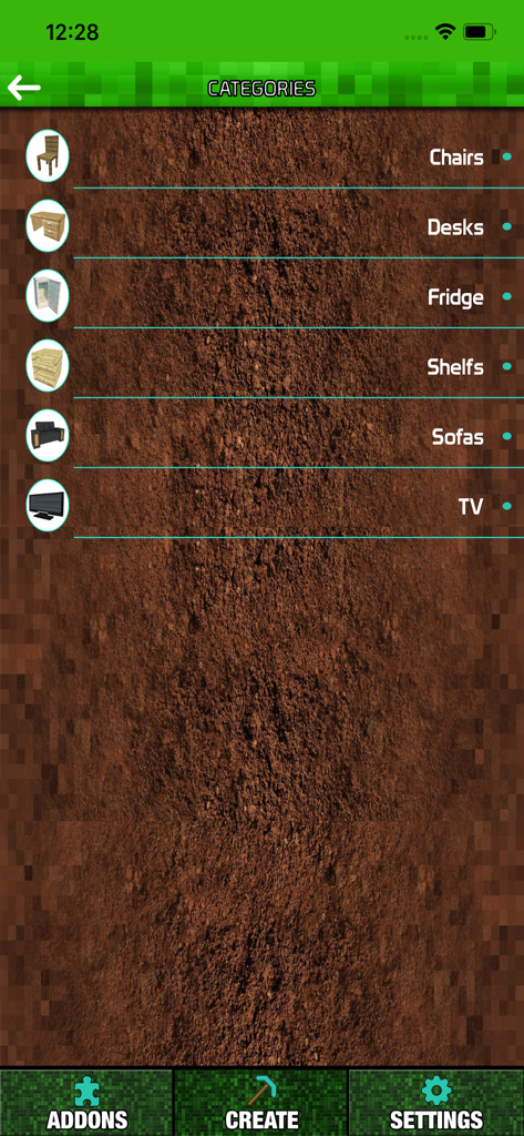 Menu showing furniture categories for Minecraft including chairs desks and sofas