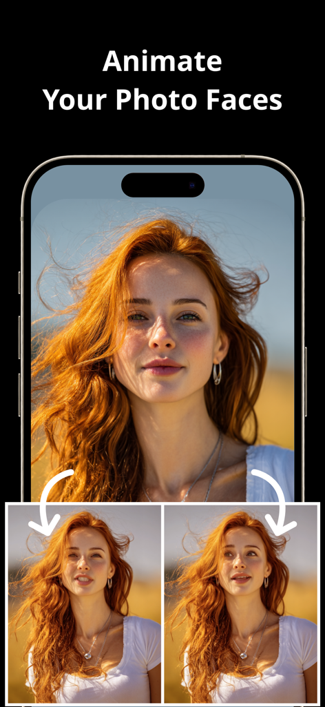 Photo Enhancer AI - PhotoPlus - A demonstration of the AI face animator feature showing a woman with red hair being animated into different facial expressions.