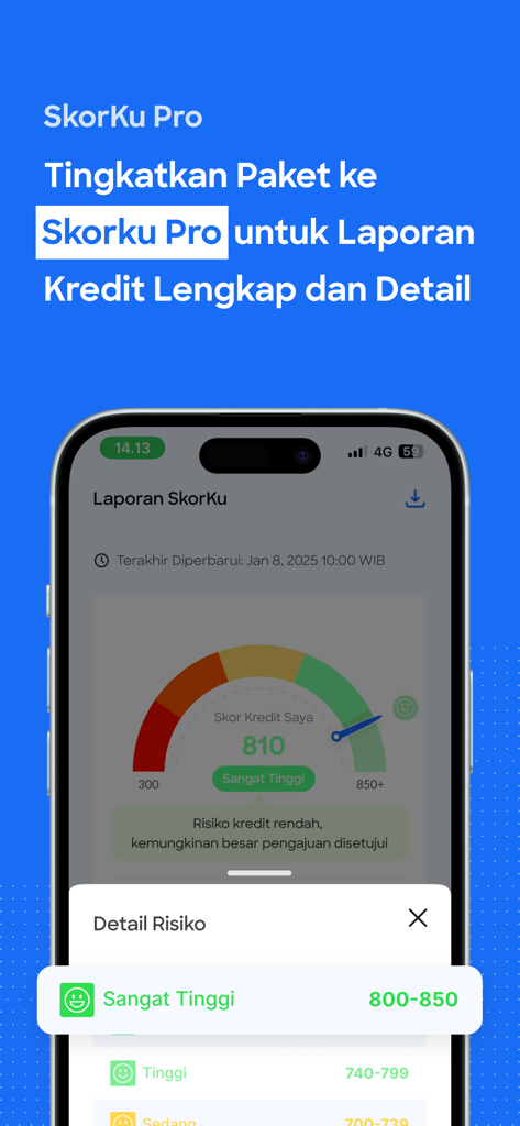 A smartphone screen displaying the SkorKu Pro app with a very high credit score of 810