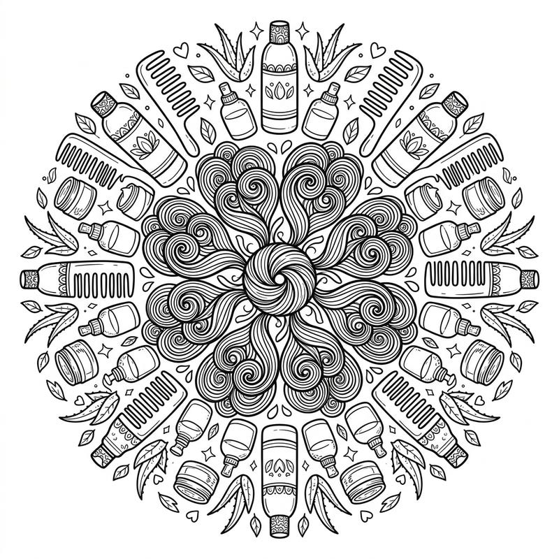 Celebrate the beauty of textured hair with this unique mandala coloring page. Featuring intricate designs of curly strands, combs, and natural haircare ingredients, it's a perfect blend of relaxation and creativity.