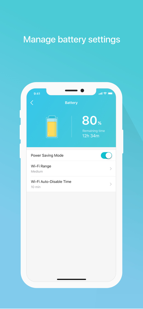 tpMiFi - tpMiFiアプリのスクリーンショットで、バッテリー残量と推定残り時間、省電力設定を表示