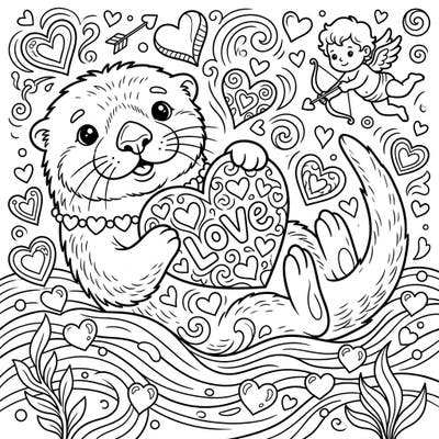 Dive into love with this enchanting Valentine's Day coloring page featuring a delightful sea otter. This intricate design, filled with hearts and a playful Cupid, offers a charming creative escape for all ages.