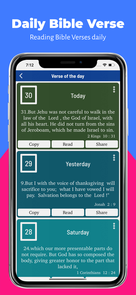 A smartphone displaying the Verse of the day feature with daily scripture readings and sharing options