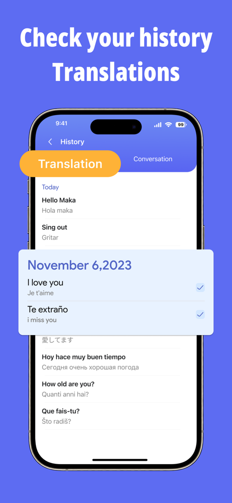 AMO translator, Translate all - AMO Translator app interface showing a list of recent translation history entries on an iPhone