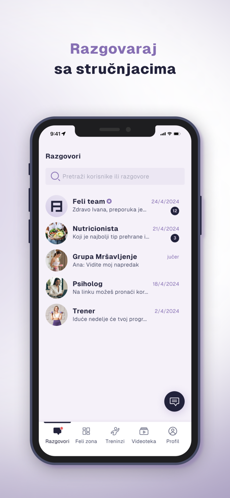 Un écran mobile de l'application Feli affichant une interface de chat pour communiquer avec des entraîneurs de fitness, des nutritionnistes et des psychologues.