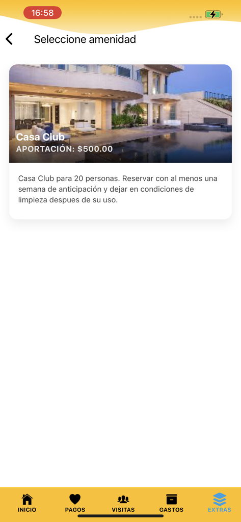 Residentfy - Écran de réservation d'équipements de l'application Residentfy pour un clubhouse