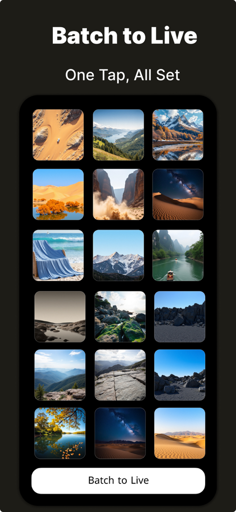 Fotee - 视频转照片高清截图实况截取视频抽帧截图 - Smartphone screen displaying the Fotee app Batch to Live feature with a grid of landscape and nature photographs.