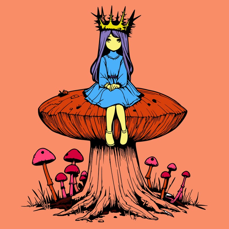 realistic girl sitting on a huge tree stump size toadstool with thorn crown