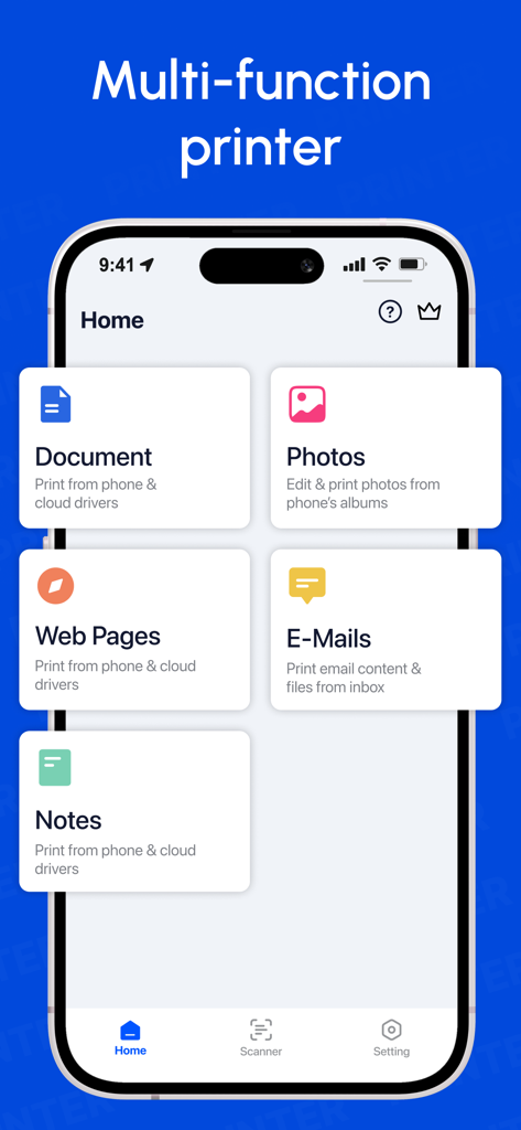 Smart Print: Printer & Scanner - Smart Printアプリのホーム画面。ドキュメント、写真、ウェブページ、メールを印刷するためのメニューオプションが表示されています。