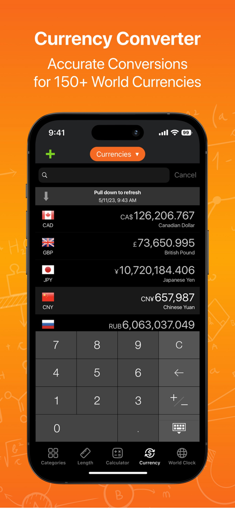 CalConvert: Pro Calculator $€ - CalConvert app showing currency converter with multiple exchange rates for CAD, GBP, JPY, CNY, and RUB