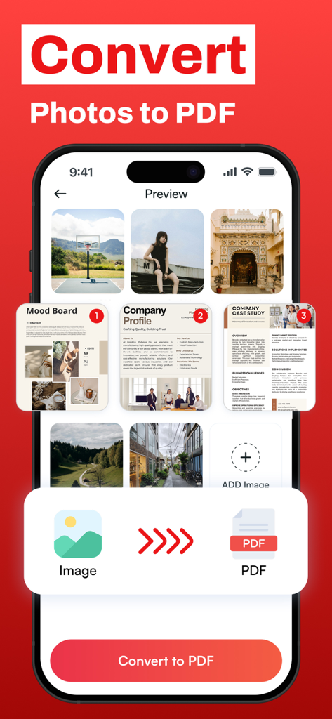 Interface do aplicativo PDF Maker mostrando várias imagens e pré-visualizações de documentos selecionados para serem convertidos em um único arquivo PDF