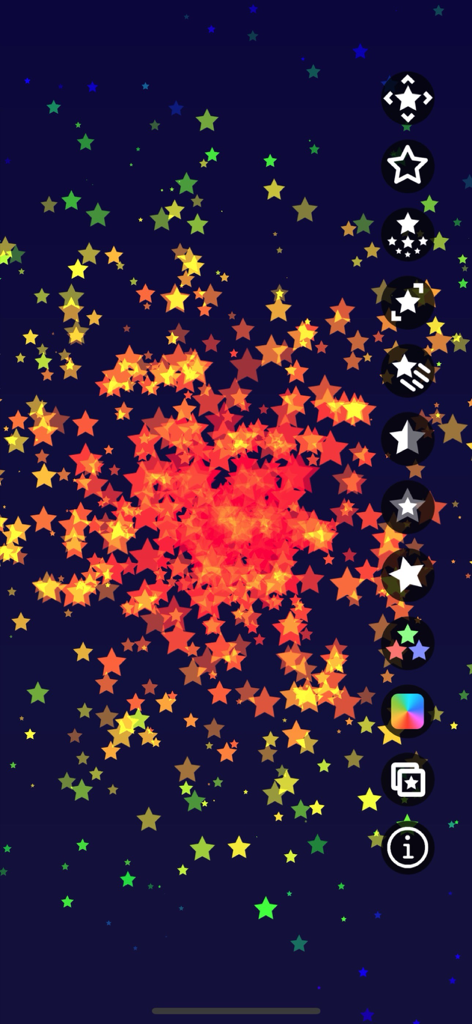 カラフルな星のエフェクトとカスタマイズアイコンが表示されたParticle Generatorアプリのインターフェース