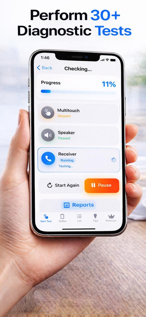 Phone Diagnostics, Check Price - Una pantalla de iPhone que muestra una prueba de diagnóstico en progreso con estados para los sensores de altavoz y multitáctil