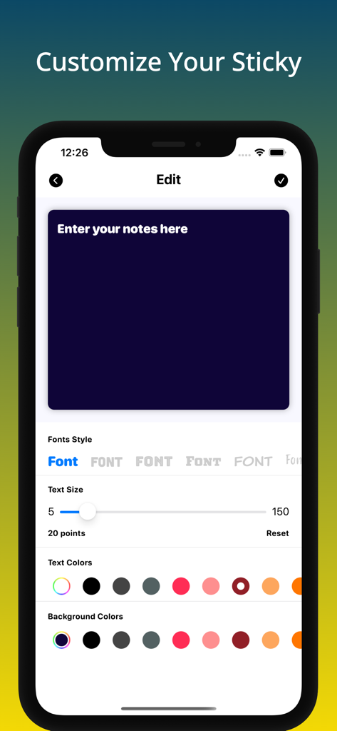 Customization screen for sticky note widgets with font and color settings.