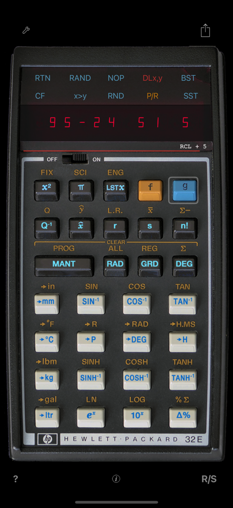 Photorealistic interface of the RPN-32 CE scientific calculator app simulating the HP-32E