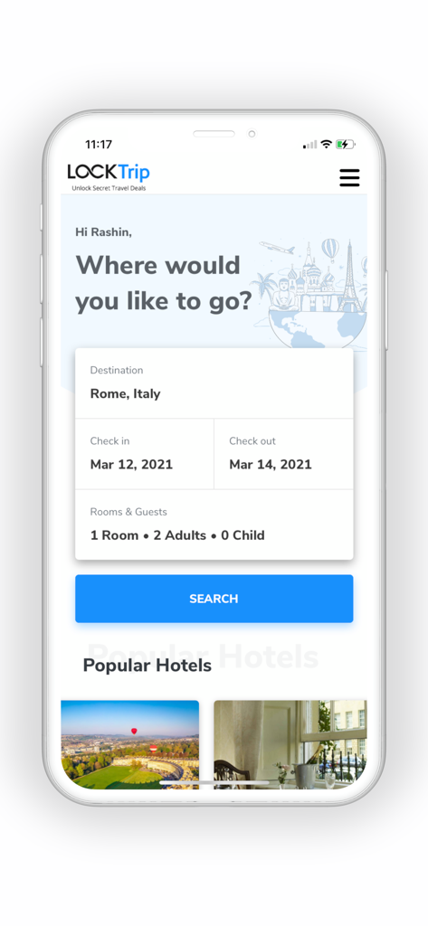 Interface do aplicativo LockTrip mostrando uma pesquisa de hotel para Roma, Itália, com datas e opções de hóspedes