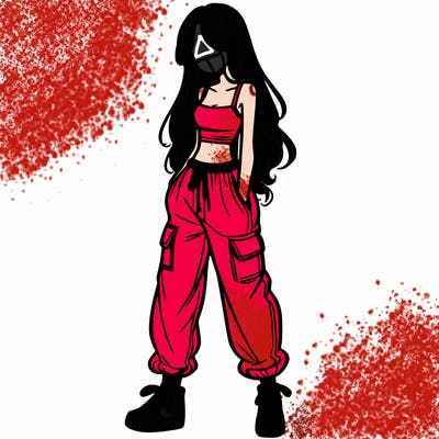 girl in baggy pants crop top and long hair