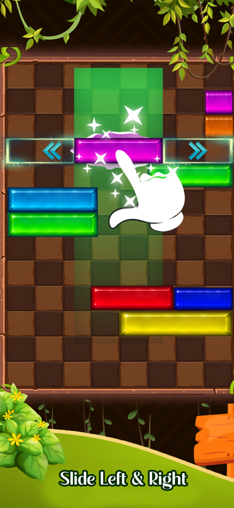 Block Slide - Block Puzzle - Gameplay screen showing a hand icon demonstrating how to slide colorful blocks horizontally on a grid