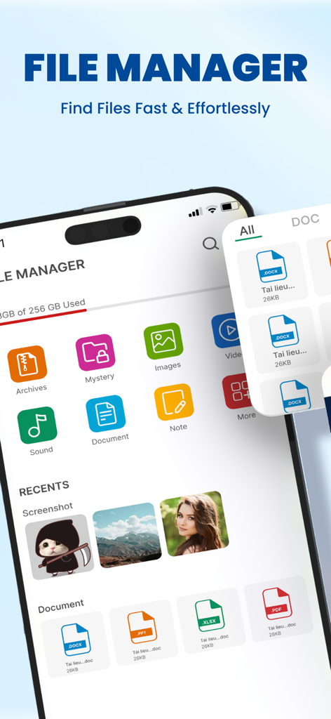 EZ File Explorer: Zip Manager - Interfaz de EZ File Explorer mostrando categorías de archivos y documentos recientes en la pantalla de un iPhone