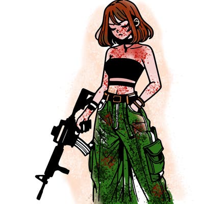 a dangerous girlcrop top and baggy jeans with a rifle in her hand