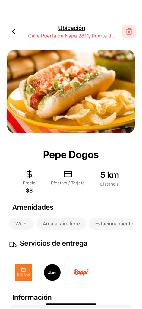 Panzon To Go - Perfil del restaurante Pepe Dogos en la aplicación Panzon To Go que muestra foto de comida, precio, distancia y servicios de entrega