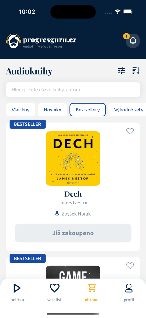 ProgresGuru mobile app store interface showing a featured bestseller audiobook titled Dech by James Nestor