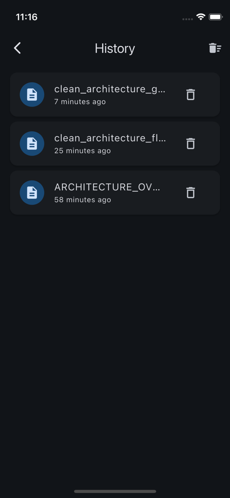 Easy Markdown Reader - History screen of the Easy Markdown Reader app showing a list of recently accessed technical documentation files with options to delete individual entries or clear all.