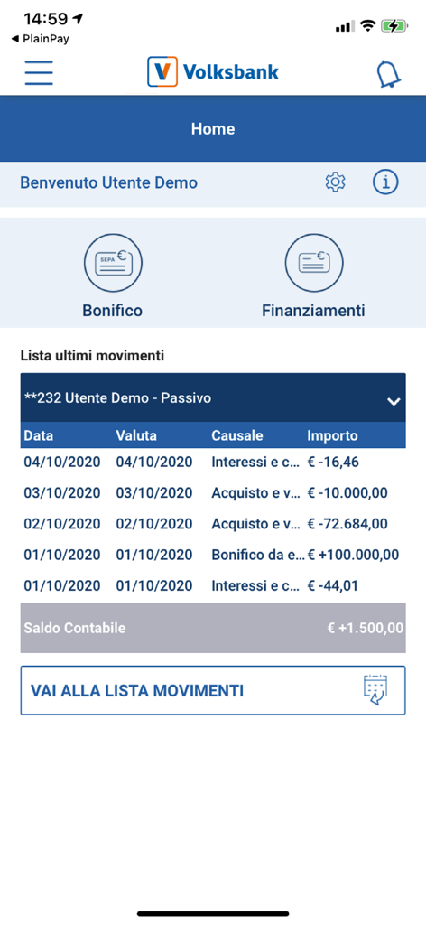 CoBa web mobile - Schermata principale dell'app Volksbank CoBa web mobile che mostra transazioni recenti e saldo del conto